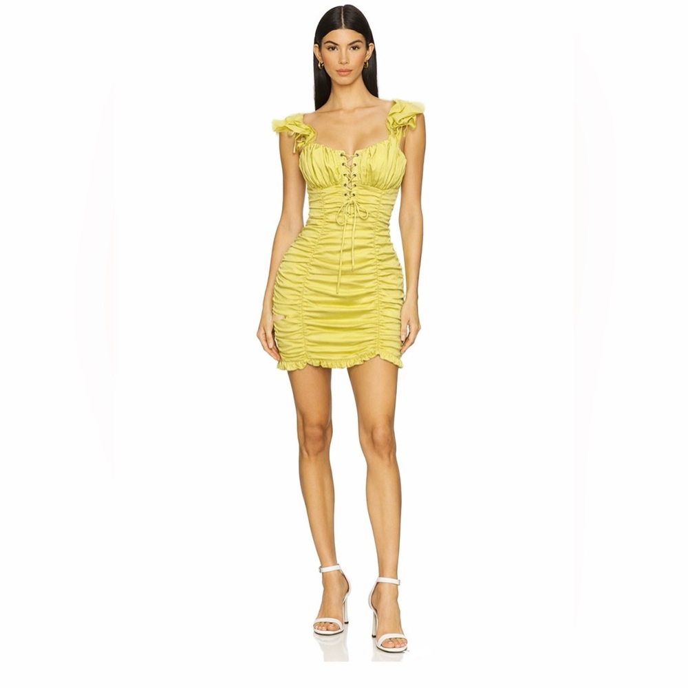 Mable Ruched lace up lime green mini dress